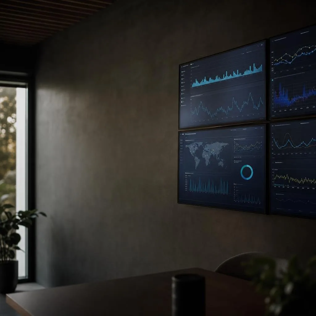 Wall-mounted monitors showing API request charts and latency metrics