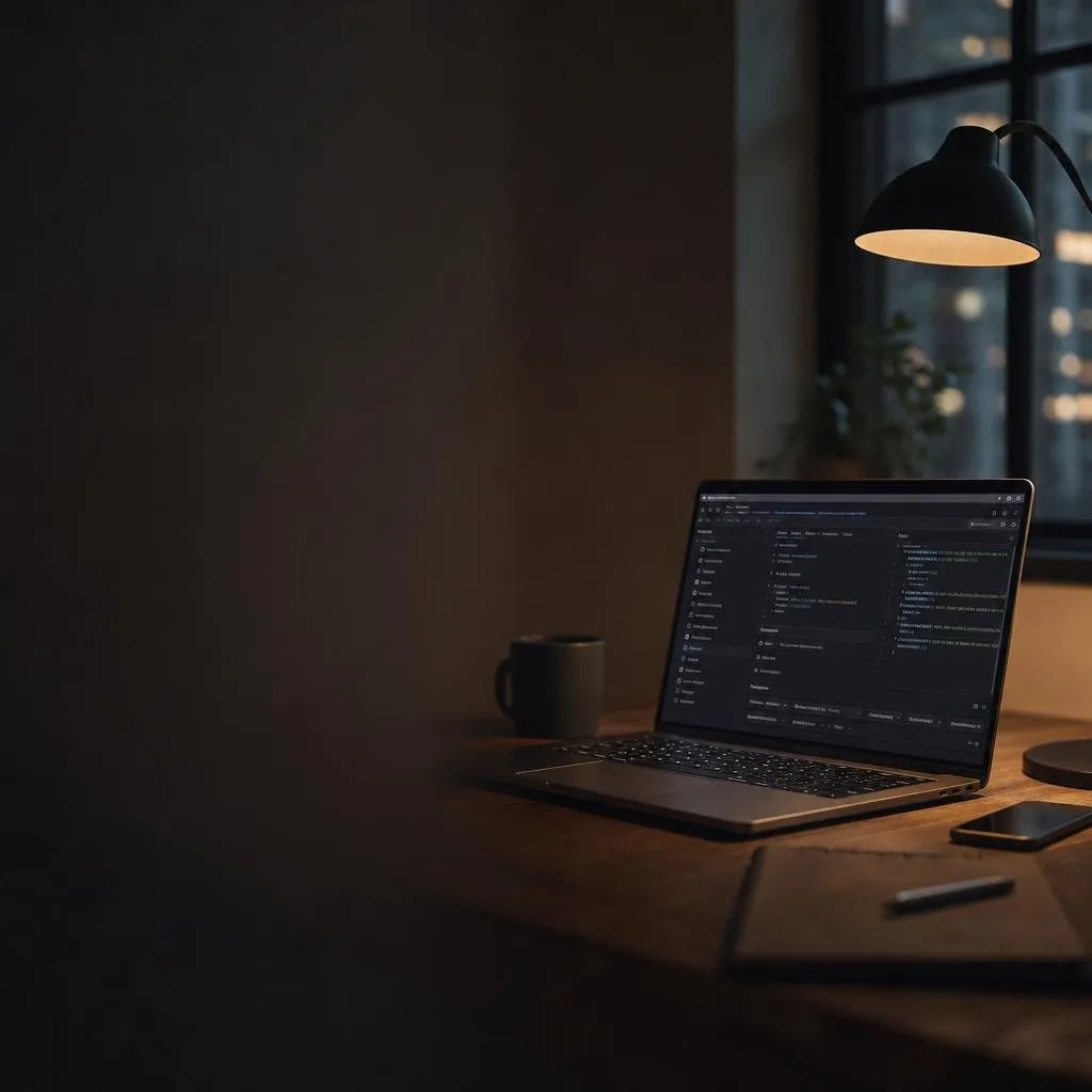 Developer desk with a laptop showing an API client at night