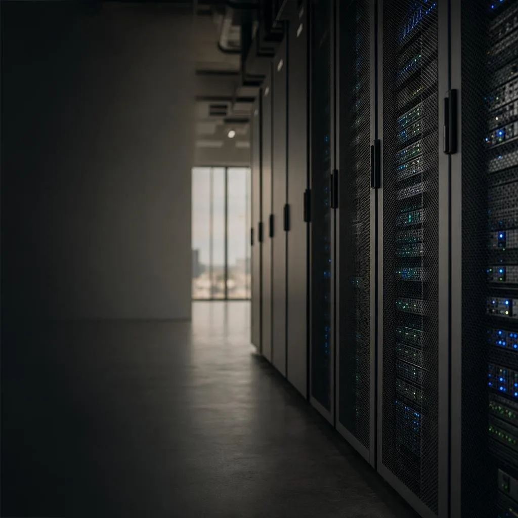 Rows of illuminated server racks in a data center