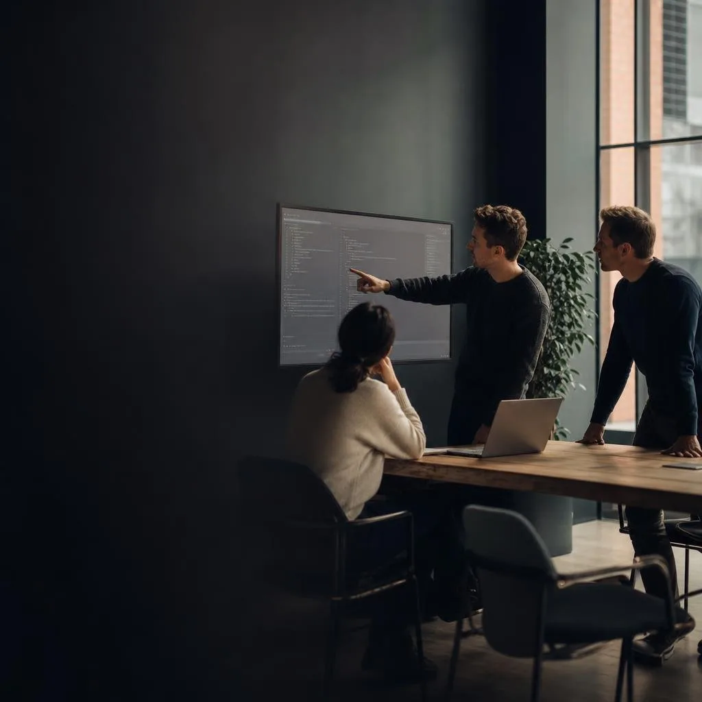 Small engineering team reviewing an integration together on a large monitor