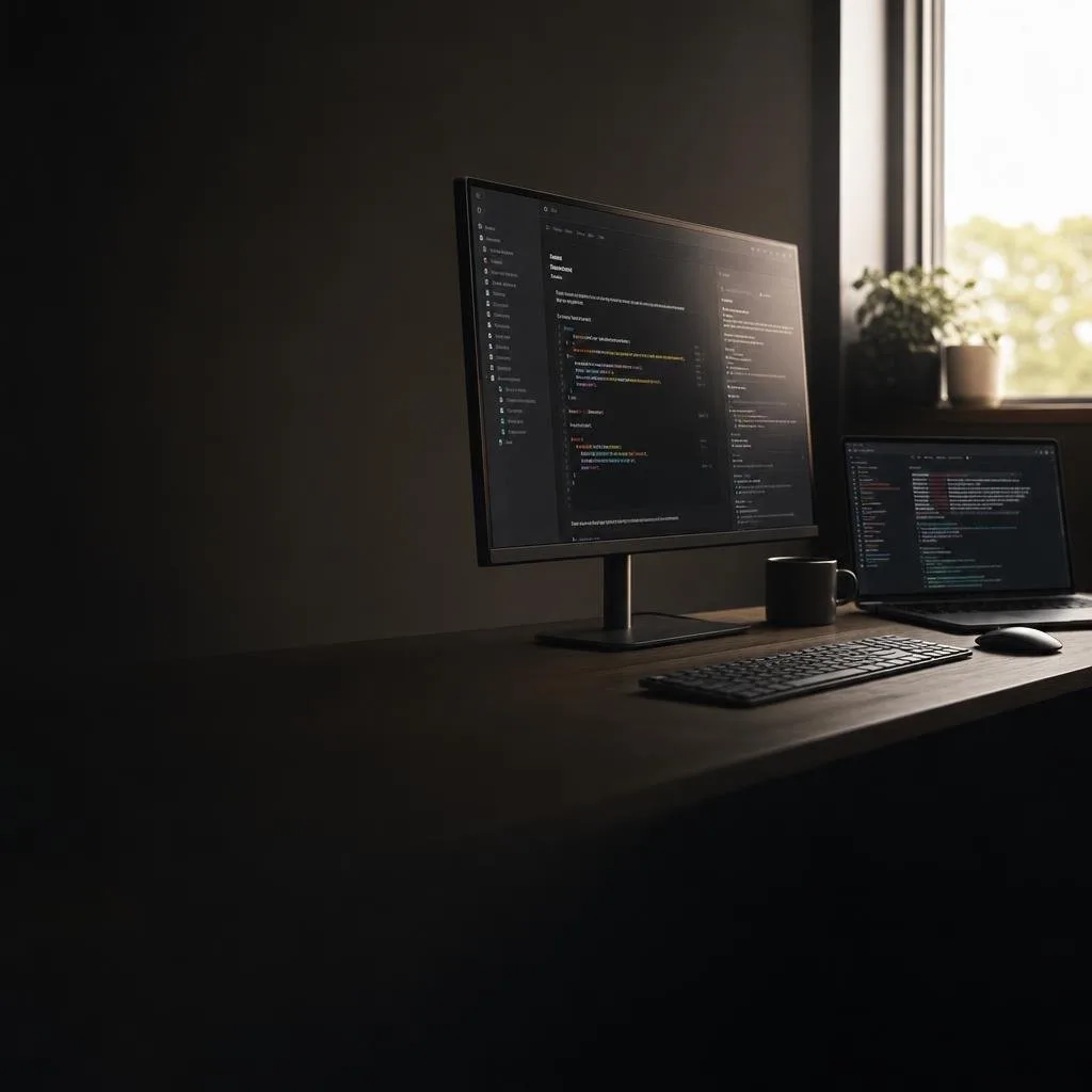 Terminal and editor on a dark desk setup with API docs open